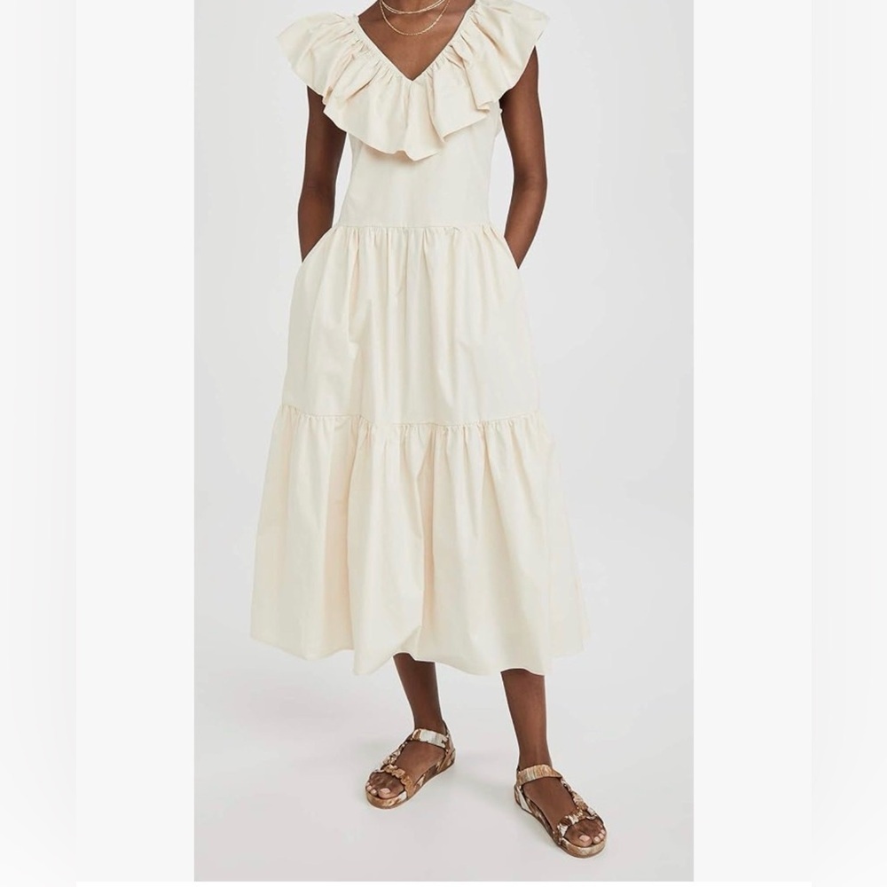 English Factory Cotton Tiered Midi Dress Ruffle V-Neck Cream SKU353 - Picture 3 of 12